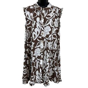 UNCLE FRANK brown & ivory floral ruffled linen blend swing dress